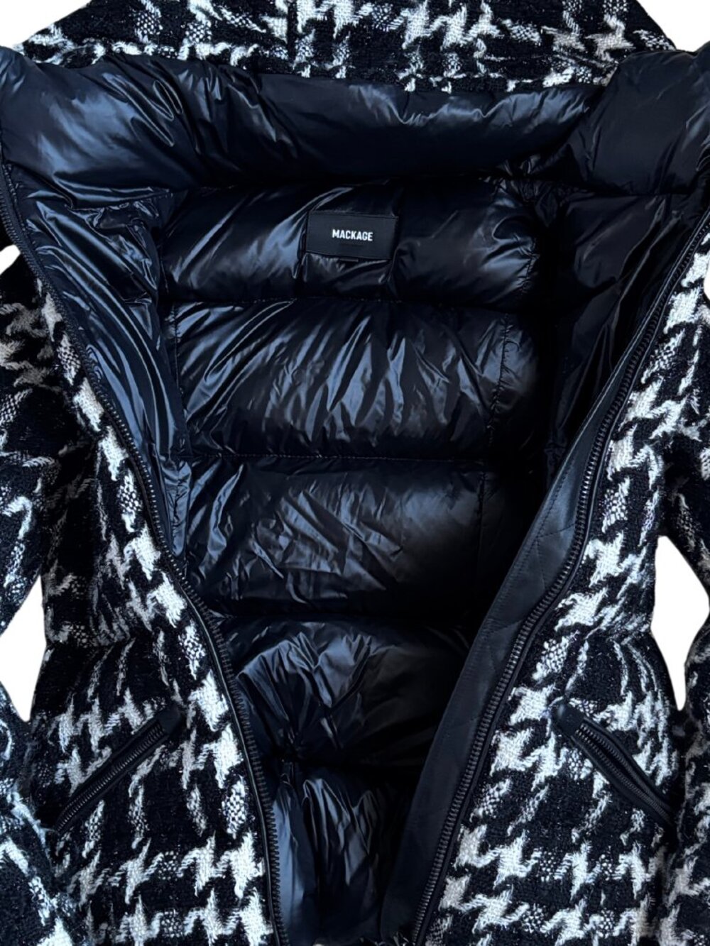 Mackage Madalyn Houndstooth Tweed Down Jacket Removable Hood Black White Metalli - Picture 5 of 13